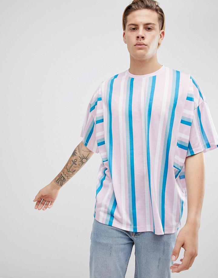 Asos Design Oversized T-shirt With Pastel Stripe And Panel Detail - Pink