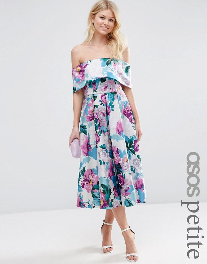 Asos Petite Off The Shoulder Midi Prom Dress In Bright Purple Floral - Multi