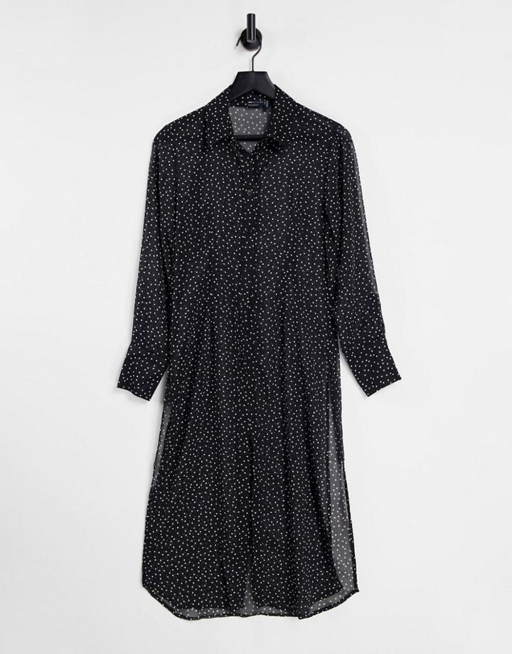 Asos Design Long Line Sheer Shirt With Splits In Spot Print-multi