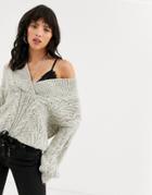 Asos Design Oversized V Neck Chunky Cable Sweater-gray