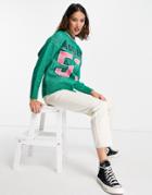 Asos Design Sweater With Varsity Pattern In Green