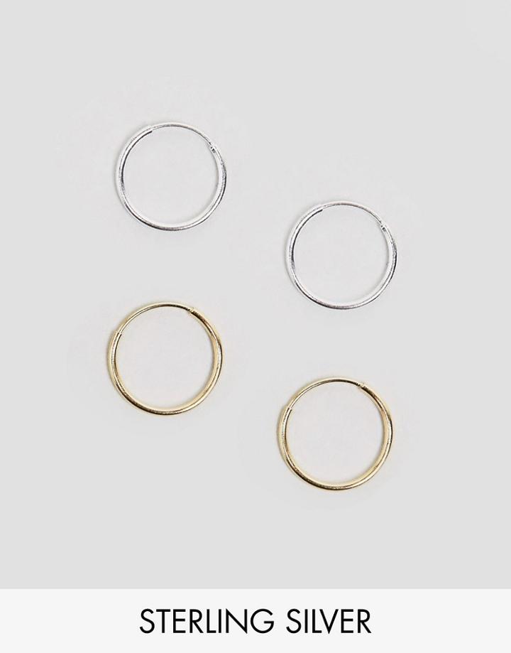 Asos Design Mixed Plated Sterling Silver Pack Of 2 Hoop Earrings-multi