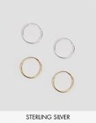 Asos Design Mixed Plated Sterling Silver Pack Of 2 Hoop Earrings-multi