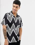 Asos Design Oversized Monochrome Puppytooth Chevron Stripe Satin Shirt - Black
