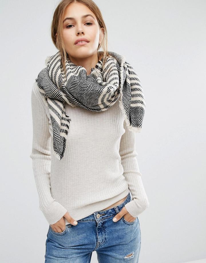 Pieces Woven Oversized Scarf In Monchrome Stripe - Black