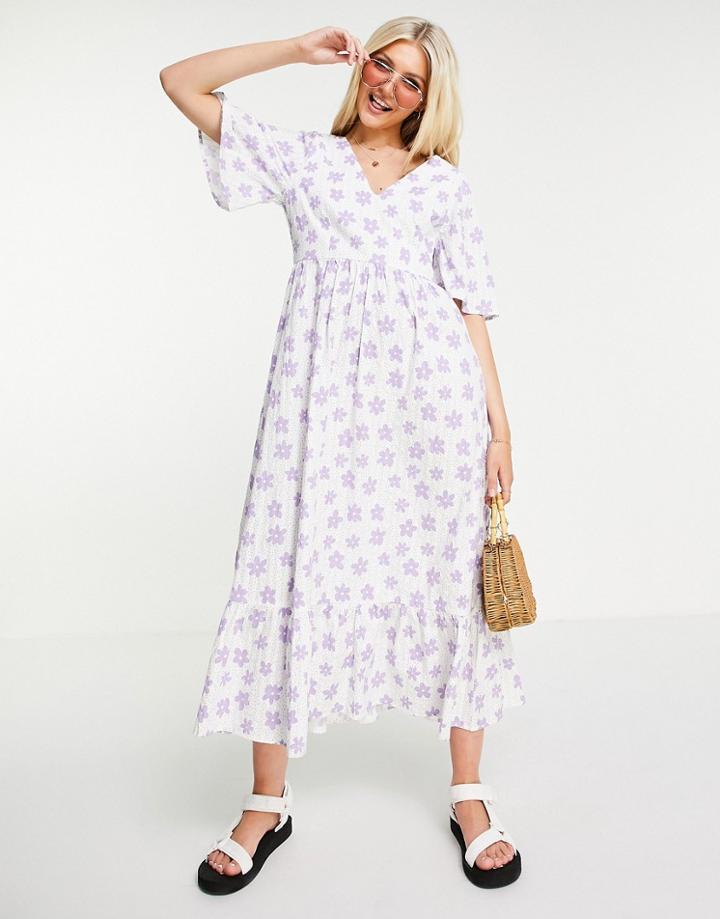 Monki Alice Floral Print Midi Seersucker Dress In White