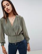 Asos Design Sheer Waisted Blouse With Collar Detail - Green