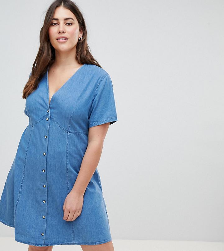 Asos Design Curve Denim Tea Dress In Midwash Blue - Blue