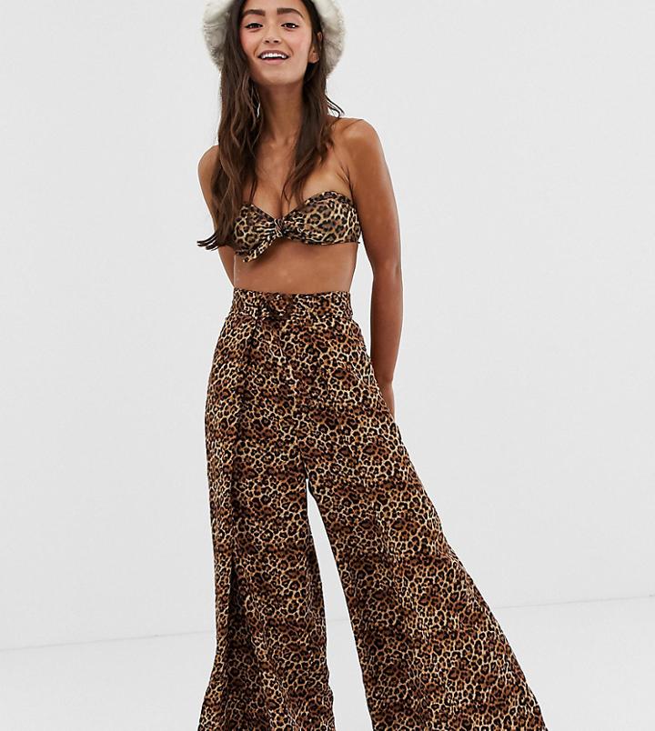 Monki Wide Leg Beach Pants In Brown Leopard - Brown