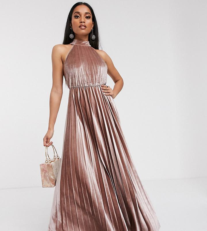 Asos Design Petite Velvet Halter Waisted Pleated Maxi Dress