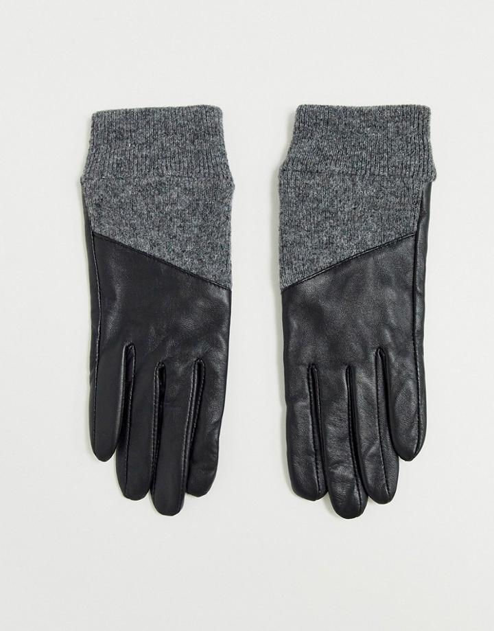 Asos Design Leather Gloves With Rib Cuffs And Touch Screen In Black And Gray - Black