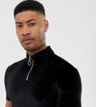 Asos Design Tall Muscle T-shirt With Stretch And Turtle Zip Neck In Black Velour - Black