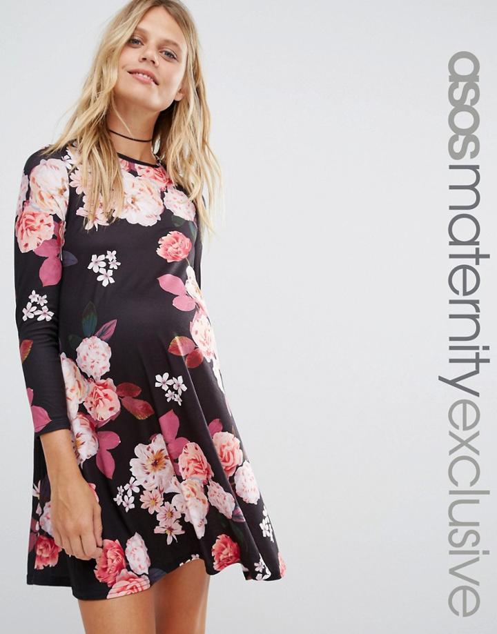 Asos Maternity Swing Dress With 3/4 Sleeve In Floral Print - Multi