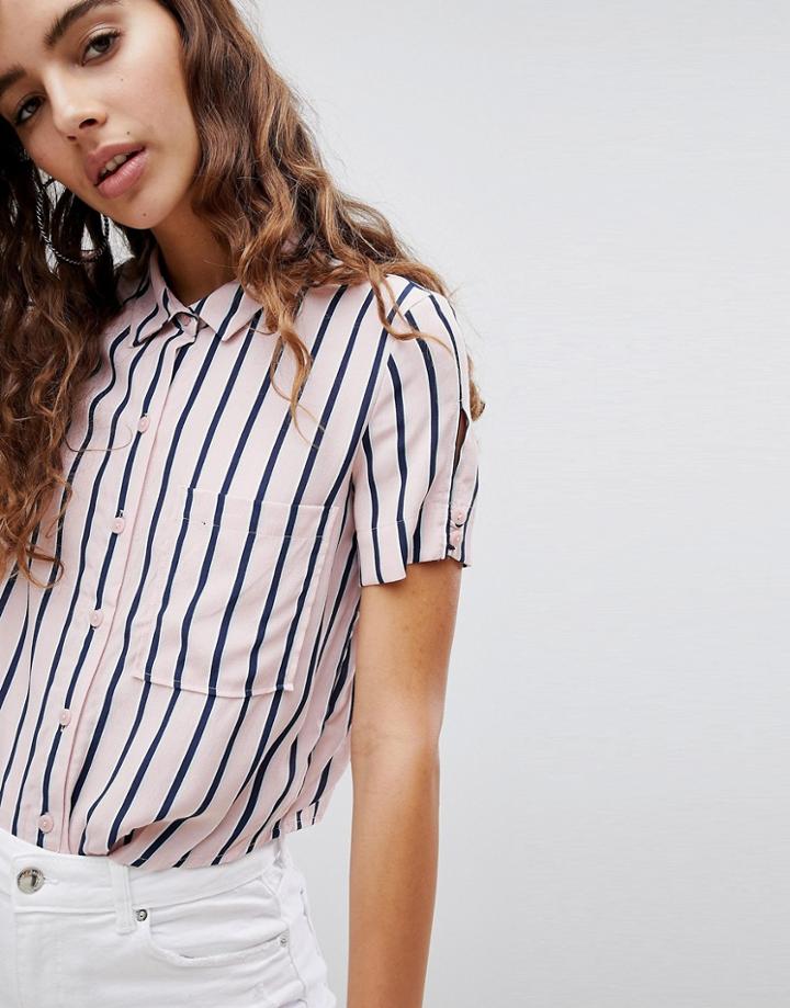 Bershka Cropped Shirt In Pink Stripe - Multi
