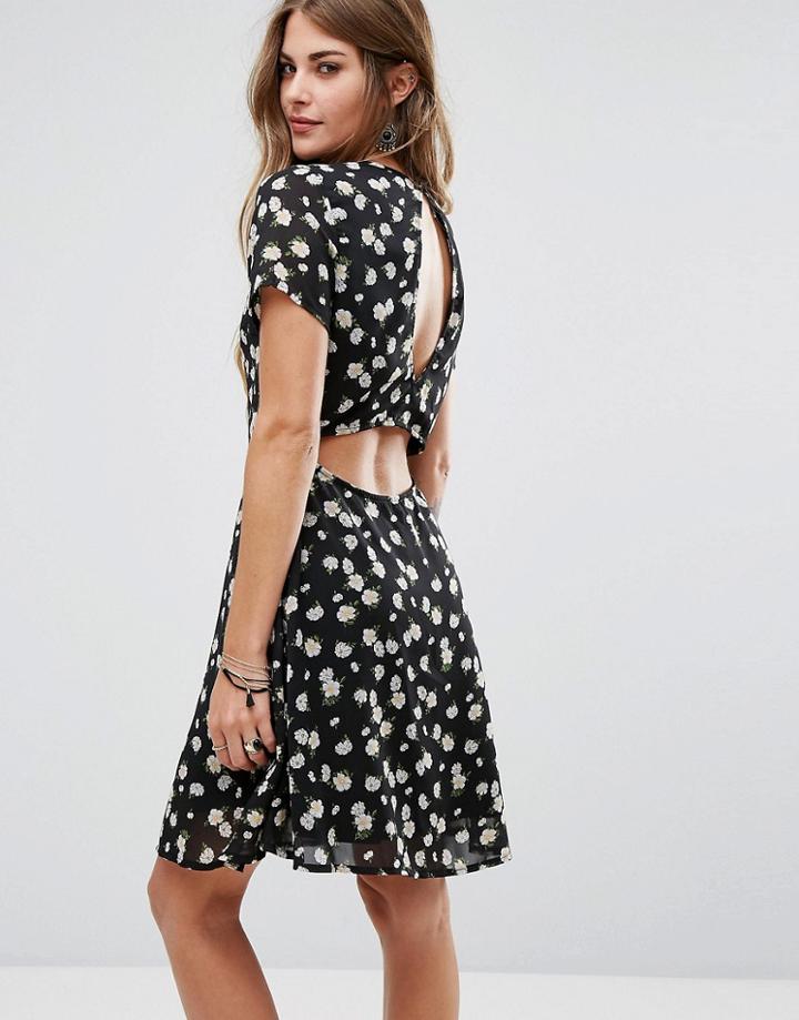 Rage Daisy Print Open Back Dress - Black
