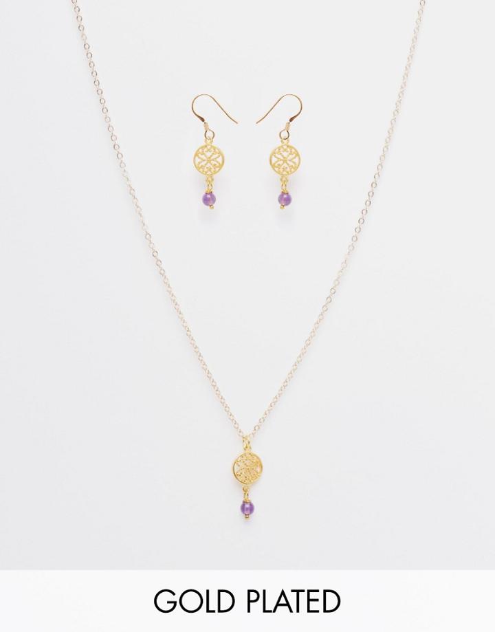 Mirabelle Flower Neckalace And Earring Set With Amethyst On 45cm Gold Plated Chain - Gold