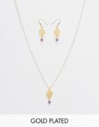 Mirabelle Flower Neckalace And Earring Set With Amethyst On 45cm Gold Plated Chain - Gold