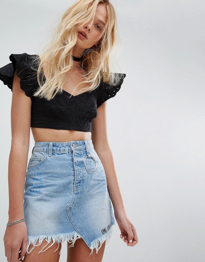 Bershka Black Broderie Crop Top - Black