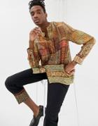 Asos Design Regular Fit Paisley Border Print Shirt With Grandad Collar - Brown