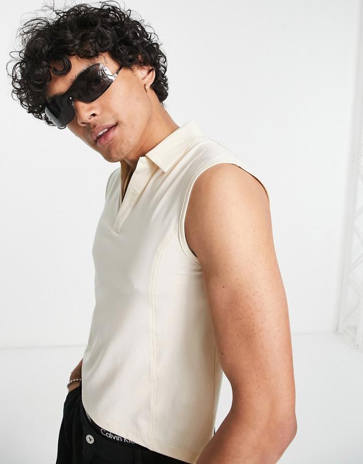 Asos Design Skinny Cropped Tank Top With Polo Neck In Ecru-white