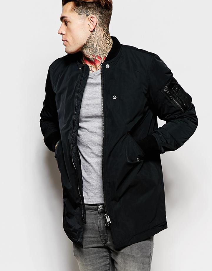 Diesel Longline Bomber Jacket J-ubilee Nylon In Black - Black