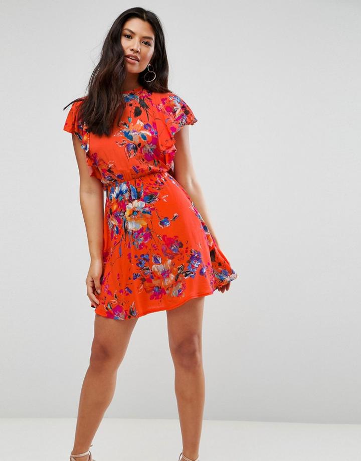 Club L Frill Sleeve Detailed Dress - Orange