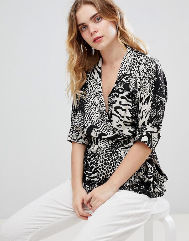 Asos Design Wrap Top With Collar Detail In Mixed Animal Print - Multi