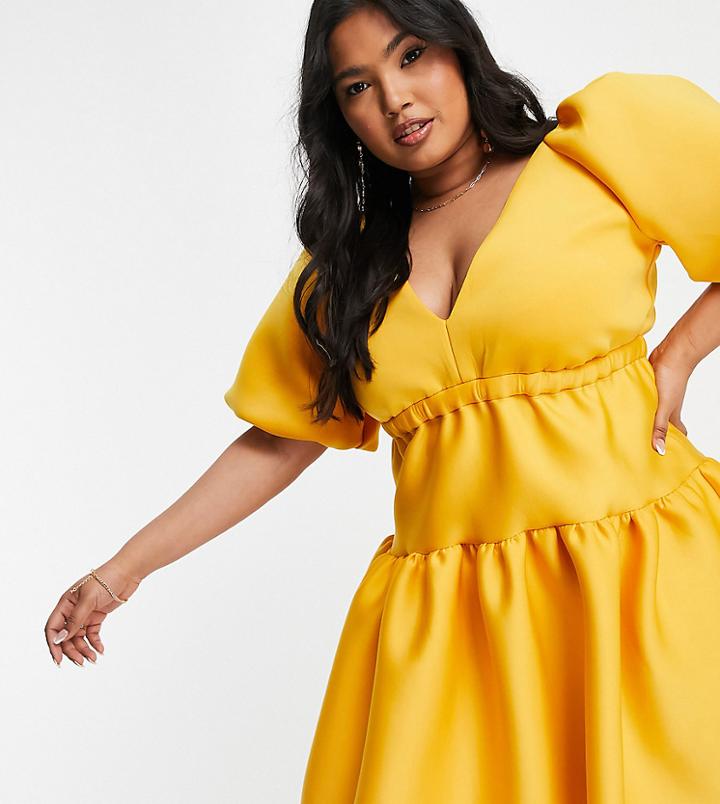 Asos Design Curve Puff Sleeve Plunge Elasticized Smock Mini Skater Dress In Gold