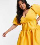 Asos Design Curve Puff Sleeve Plunge Elasticized Smock Mini Skater Dress In Gold