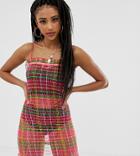 One Above Another Bodycon Cami Dress In Check Mesh - Multi
