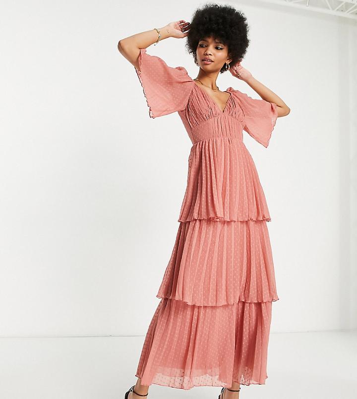 Asos Design Tall Pleated Textured Midi Dress With Tiered Skirt In Deep Rose-pink