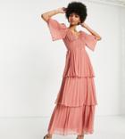 Asos Design Tall Pleated Textured Midi Dress With Tiered Skirt In Deep Rose-pink