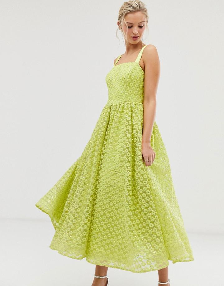 Dolly & Delicious Square Neck Textured Midaxi Prom Dress In Neon Lime - Yellow