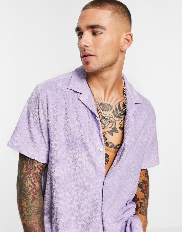 Asos Design Boxy Oversized Terrycloth Shirt With Embossed Flower Print-purple
