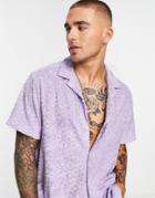 Asos Design Boxy Oversized Terrycloth Shirt With Embossed Flower Print-purple