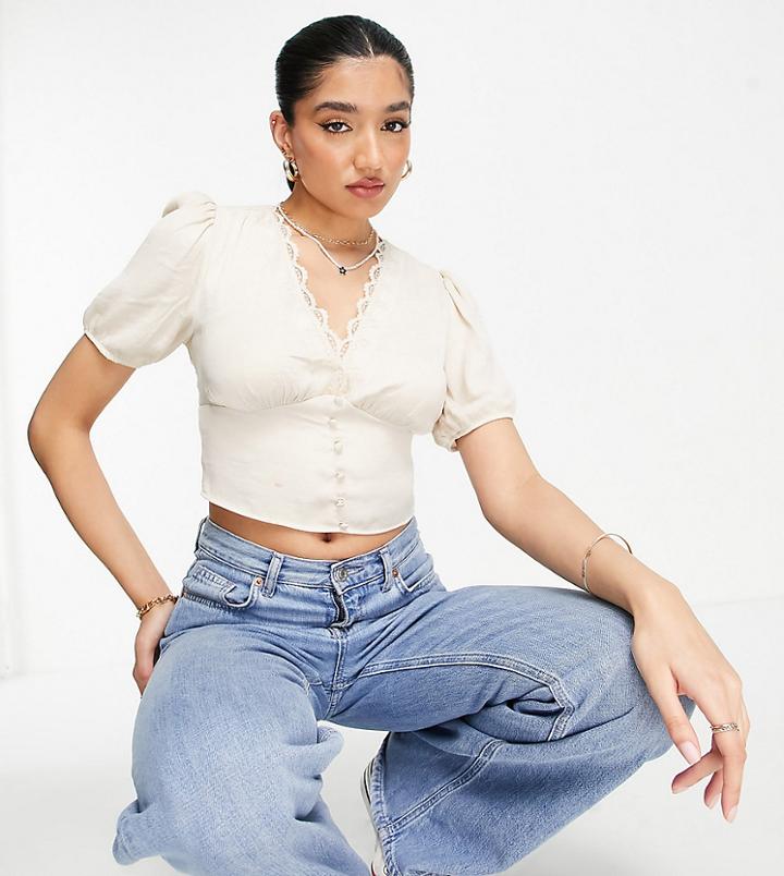 Stradivarius Satin Romantic Blouse With Lace Trim In Stone-neutral
