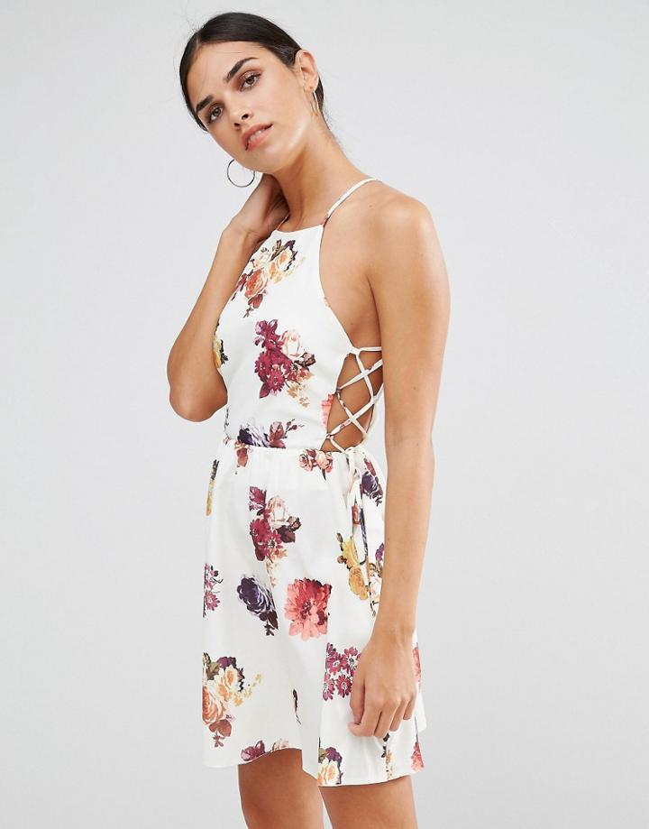 Oh My Love Printed Skater Dress With Lace Up Side - Multi
