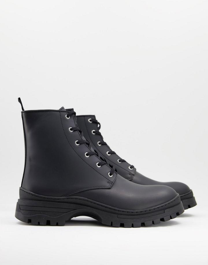 Selected Homme Lace Up Boot With Chunky Sole In Matt Black