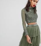 Lace & Beads Embellished Long Sleeve Crop Top With Mandarin Collar - Green