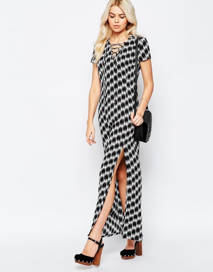 Daisy Street Maxi Dress With Side Split And Lace Up Neckline In Mono Print