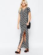 Daisy Street Maxi Dress With Side Split And Lace Up Neckline In Mono Print