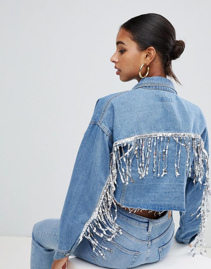 In The Style Oversized Sequin Tassel Cropped Light Wash Denim Jacket - Blue