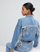In The Style Oversized Sequin Tassel Cropped Light Wash Denim Jacket - Blue