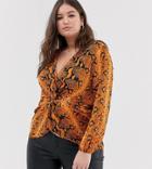 Asos Design Curve Long Sleeve Twist Front Top In Snake Animal Print - Multi