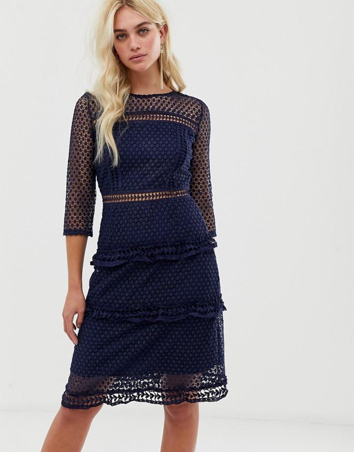 Liquorish Layered Lace 3/4 Sleeve Midi Dress-navy
