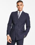 Jack & Jones Premium Double Breasted Suit Jacket In Navy Plaid