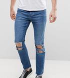 Mennace Relaxed Muscle Fit Skinny Cropped Jeans With Rips And Raw Hem In Mid Wash - Blue