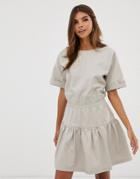 Asos Design Casual Cotton Gathered Waist Tiered Mini Dress - Beige