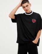 Asos Design Oversized T-shirt With Rose Embroidery And Double Layered Turtleneck - Black