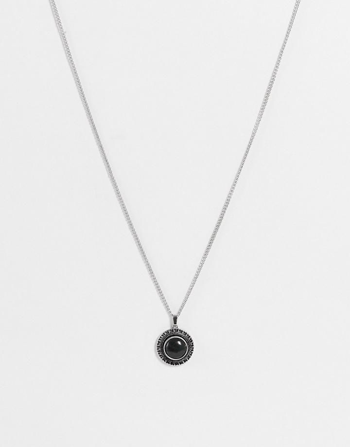 Asos Design Necklace With Vintage Inspired Circle Semi Precious Pendant In Silver Tone